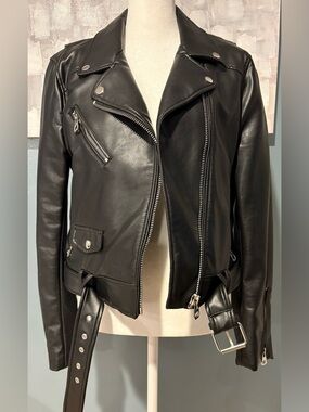 Zara Black Leather Moto Jacket with Silver Hardware